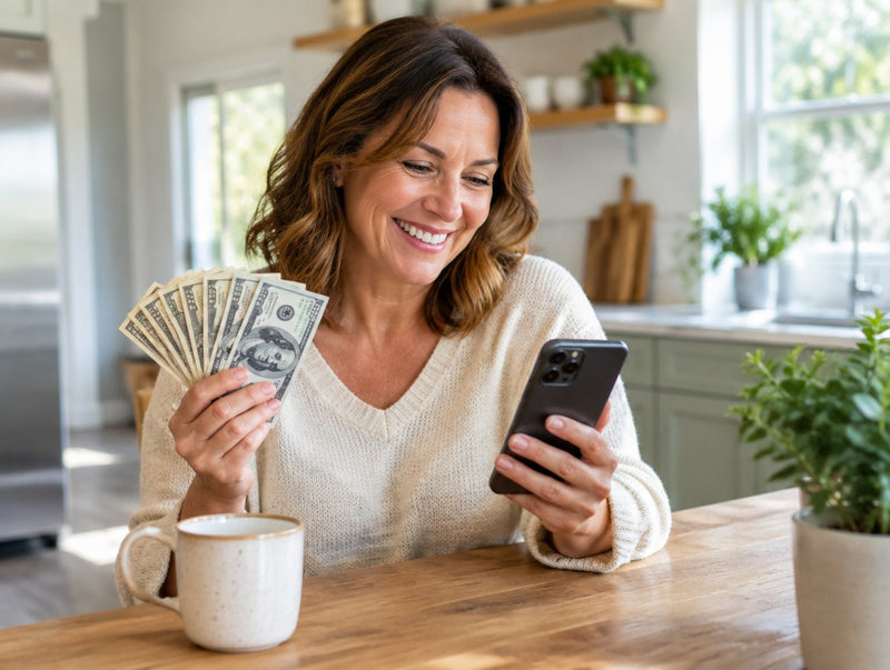 Happy customer holding cash after getting paid